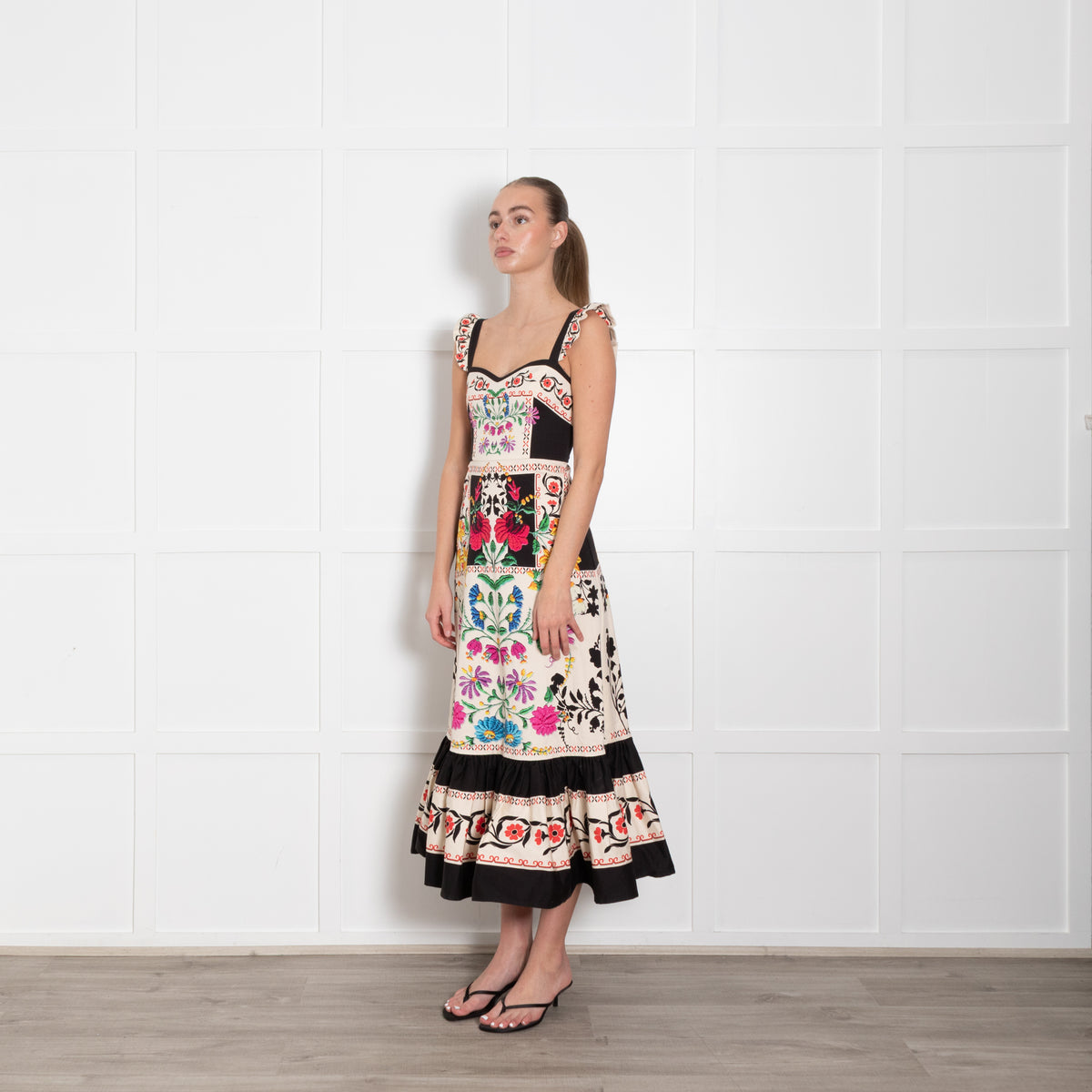 La Double J Cream Black Multi Floral Frill Detail Sleeveless Cotton Dress