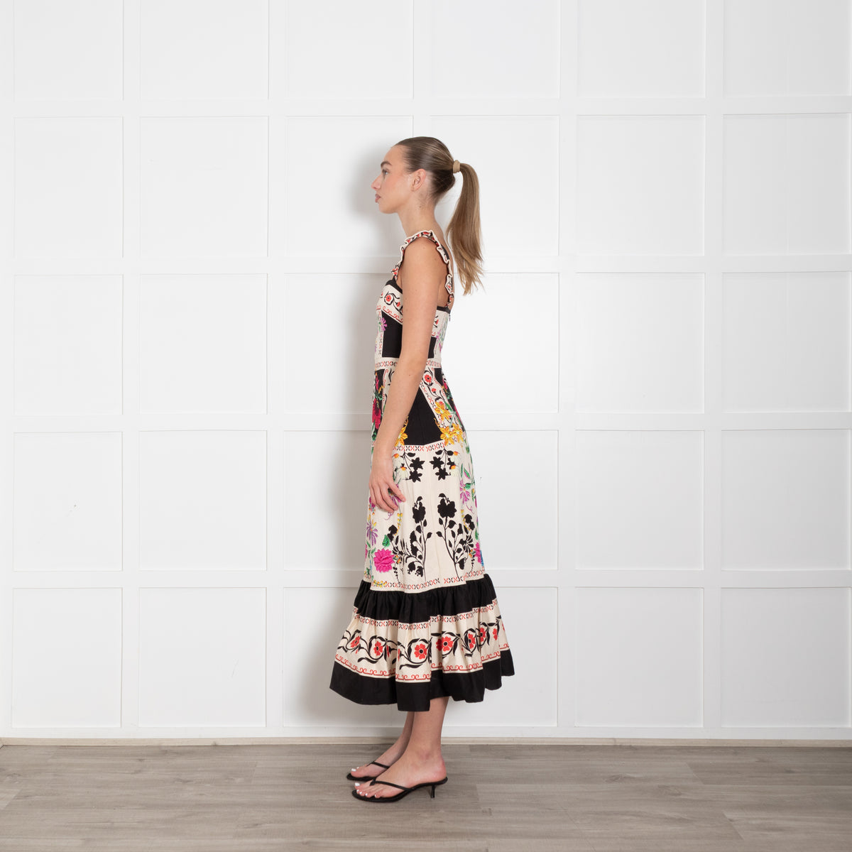 La Double J Cream Black Multi Floral Frill Detail Sleeveless Cotton Dress