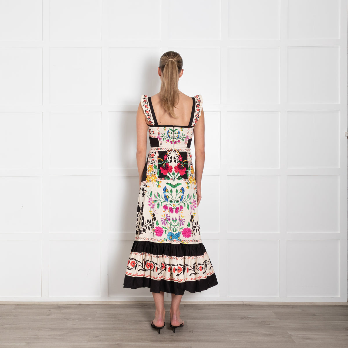 La Double J Cream Black Multi Floral Frill Detail Sleeveless Cotton Dress
