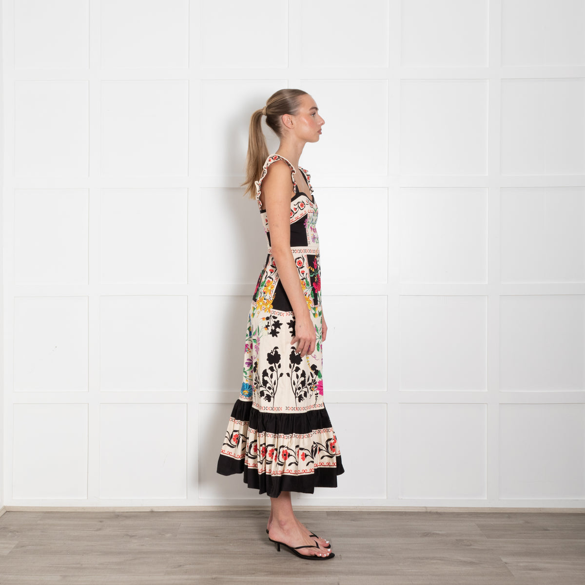 La Double J Cream Black Multi Floral Frill Detail Sleeveless Cotton Dress