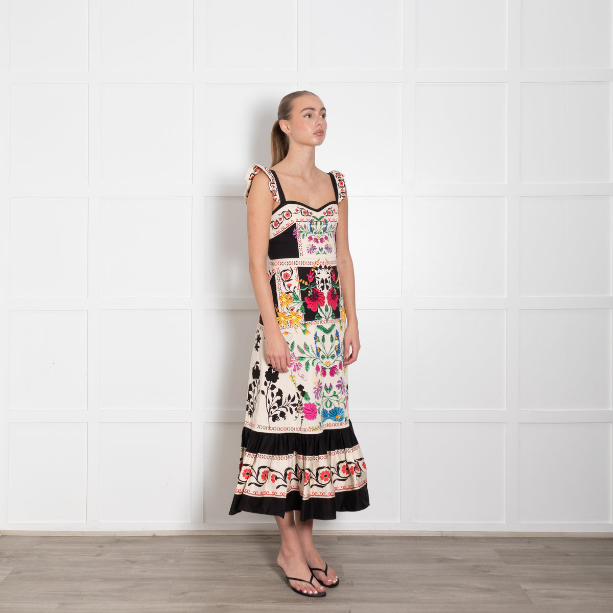La Double J Cream Black Multi Floral Frill Detail Sleeveless Cotton Dress