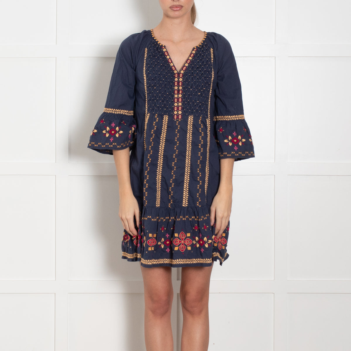 Odd Molly Navy Blue Beige Embroidered Cotton Kaftan Dress
