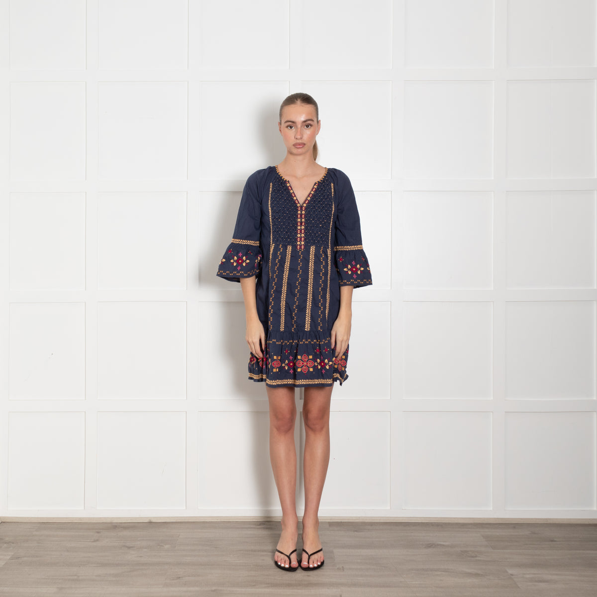 Odd Molly Navy Blue Beige Embroidered Cotton Kaftan Dress