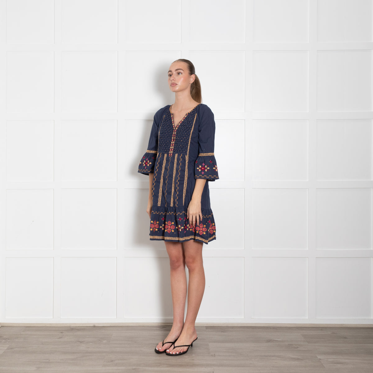 Odd Molly Navy Blue Beige Embroidered Cotton Kaftan Dress