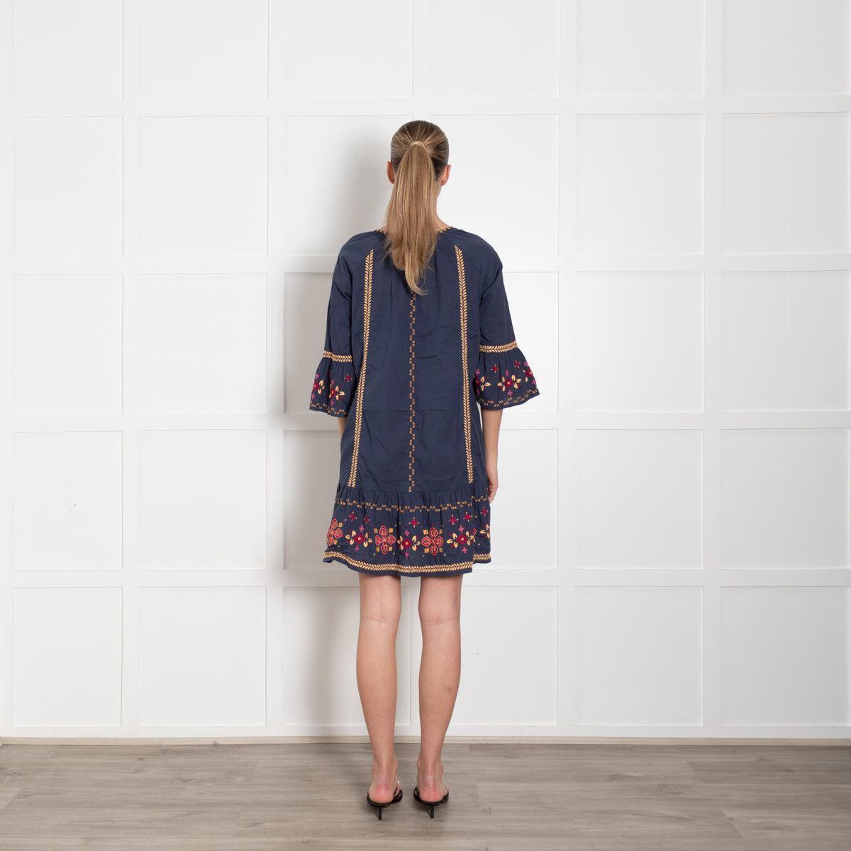 Odd Molly Navy Blue Beige Embroidered Cotton Kaftan Dress