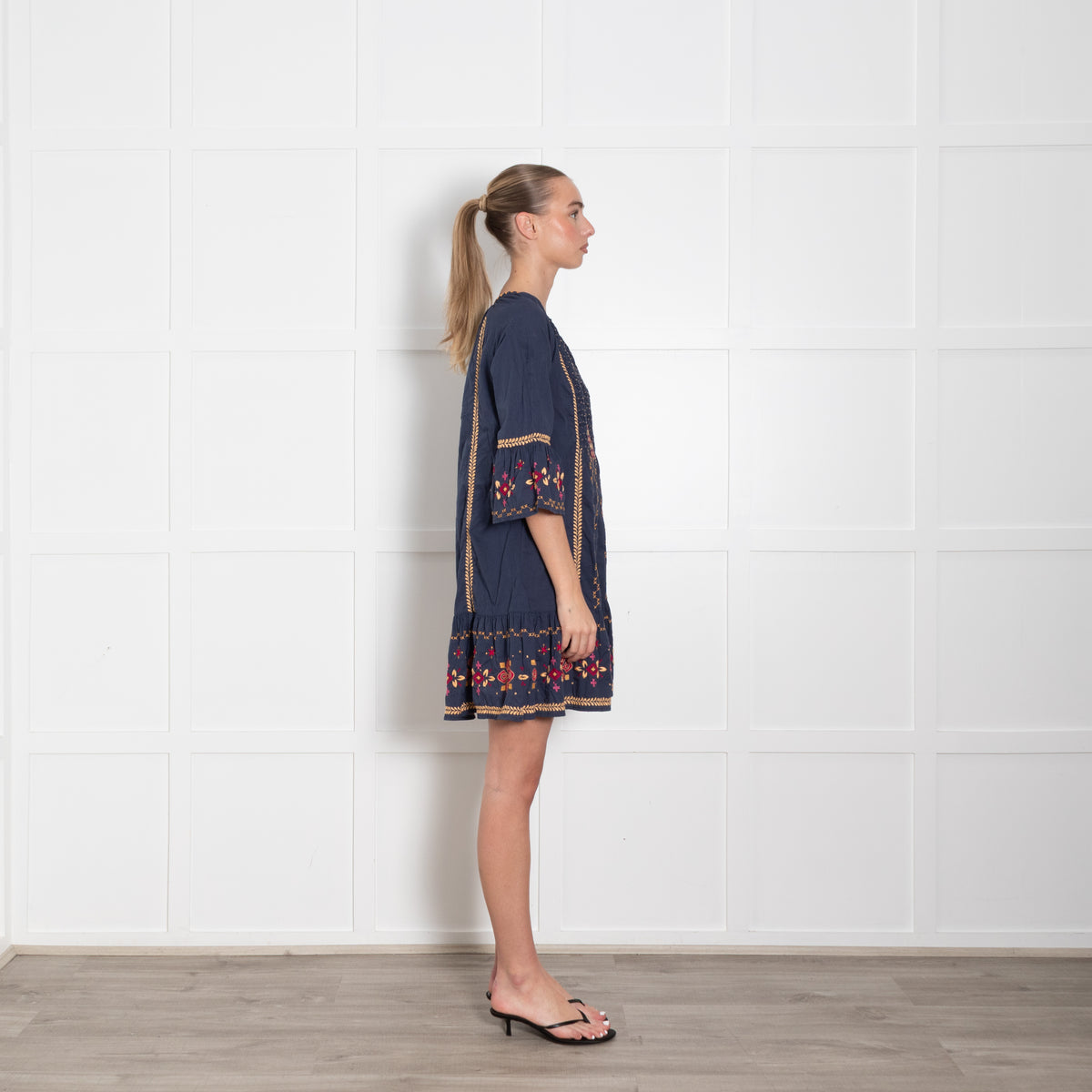 Odd Molly Navy Blue Beige Embroidered Cotton Kaftan Dress