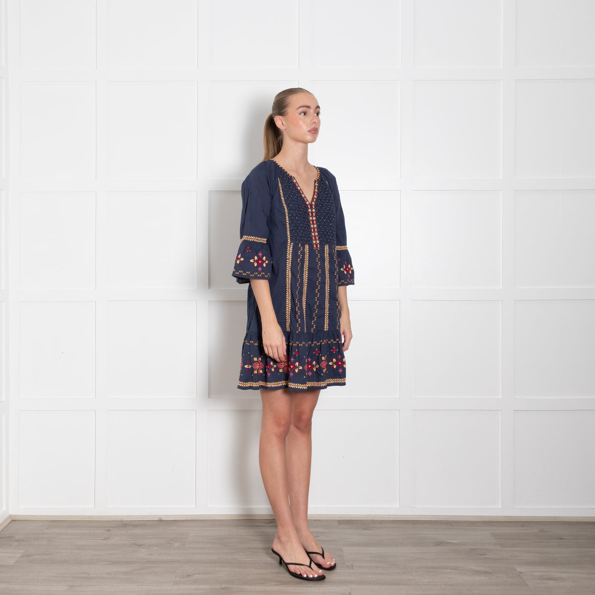 Odd Molly Navy Blue Beige Embroidered Cotton Kaftan Dress