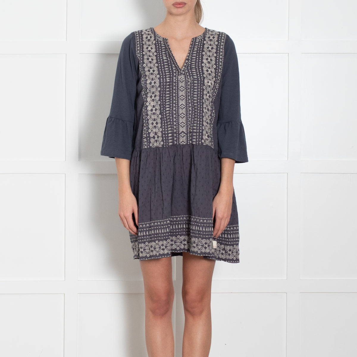 Odd Molly Grey Cream Embroidery Trim Cotton Dress