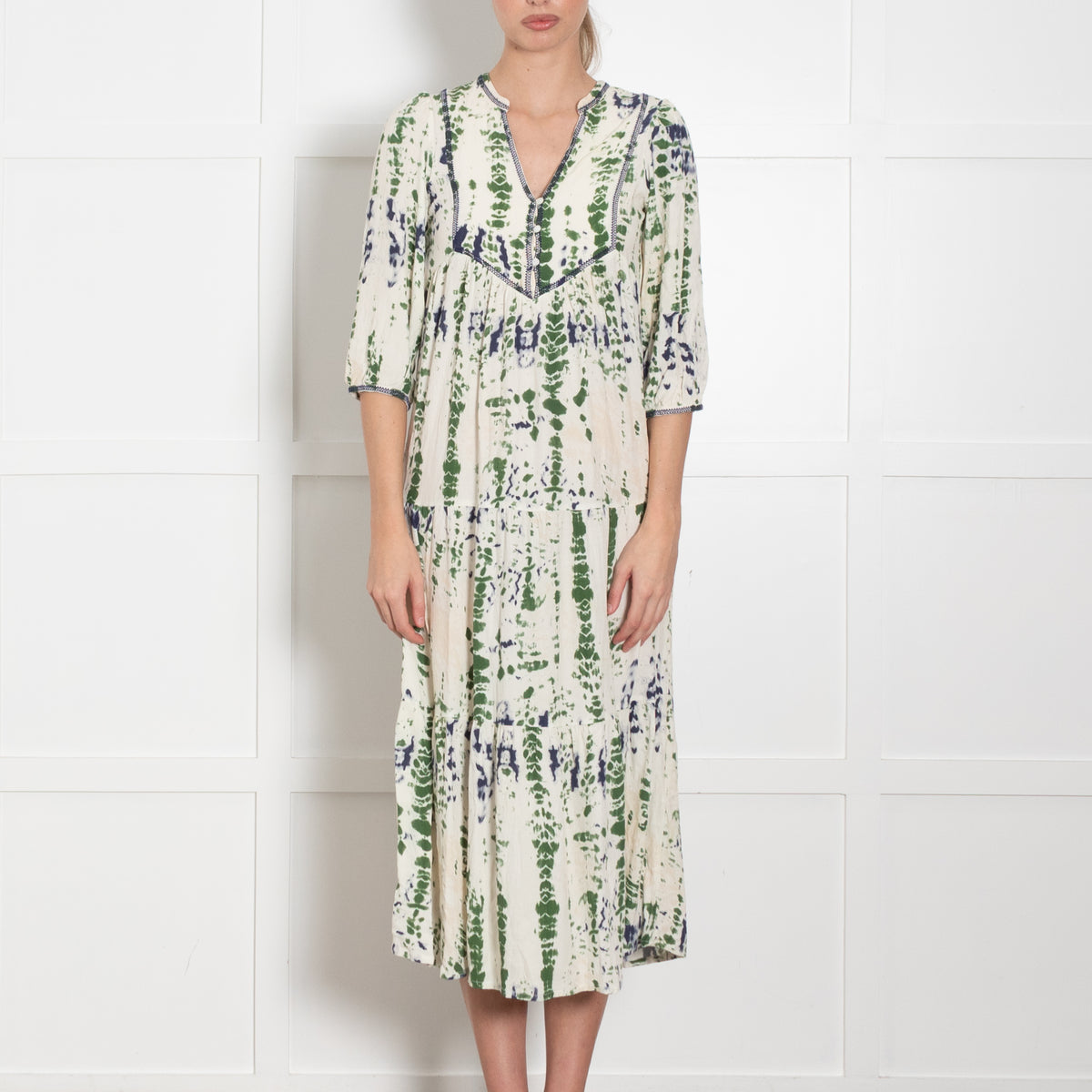 Ba & Sh Cream Green Tie Dye Tiered Midi Dress