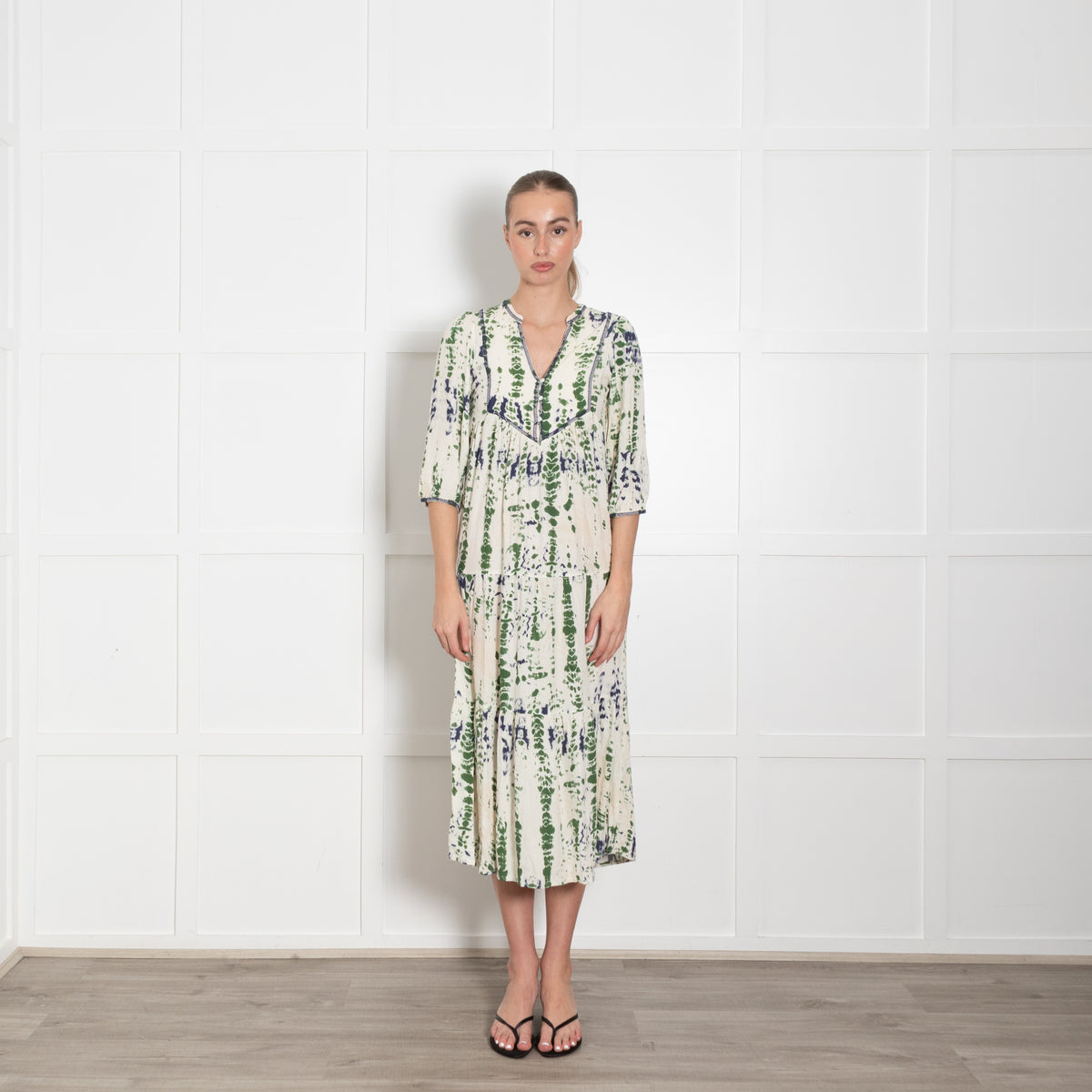 Ba & Sh Cream Green Tie Dye Tiered Midi Dress