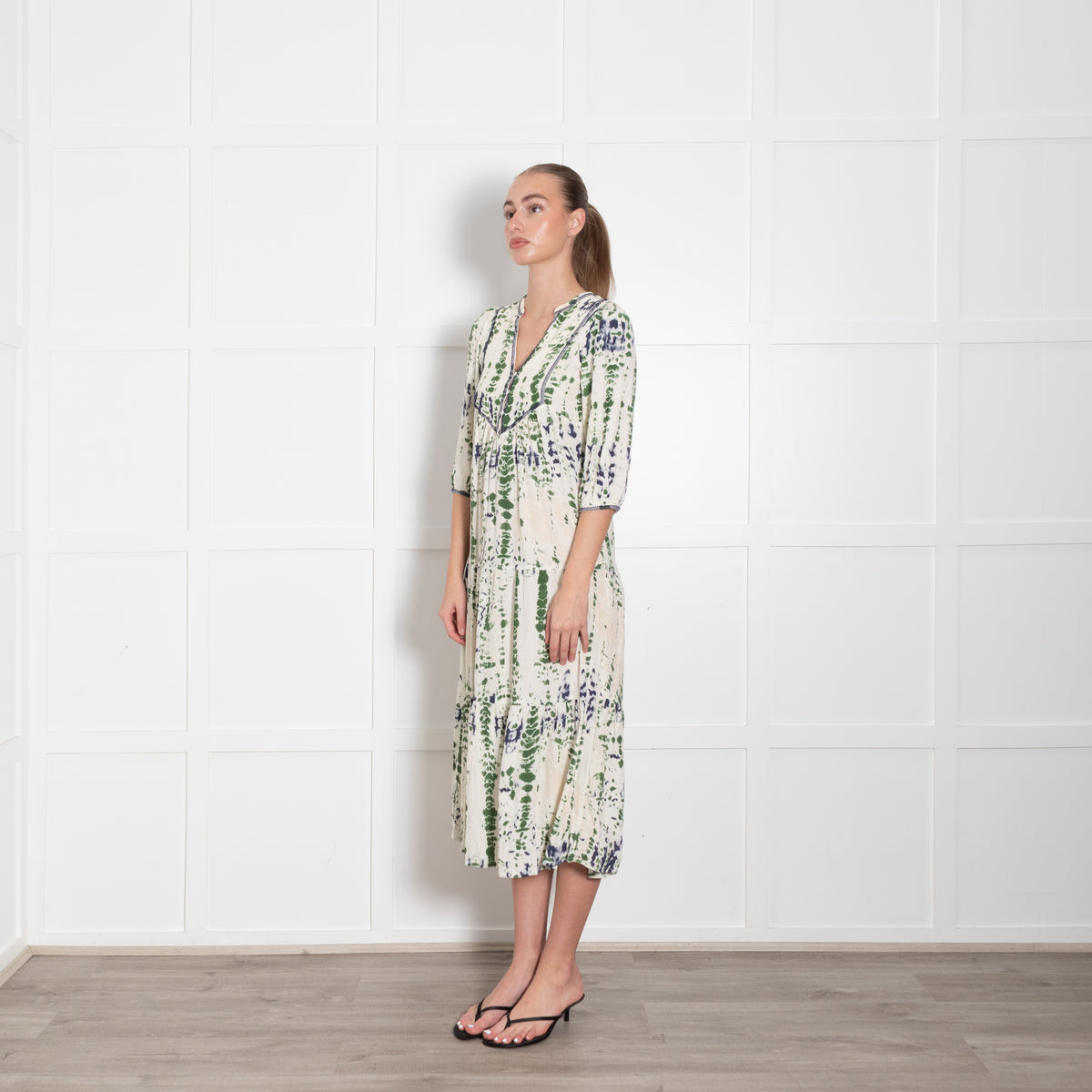 Ba & Sh Cream Green Tie Dye Tiered Midi Dress