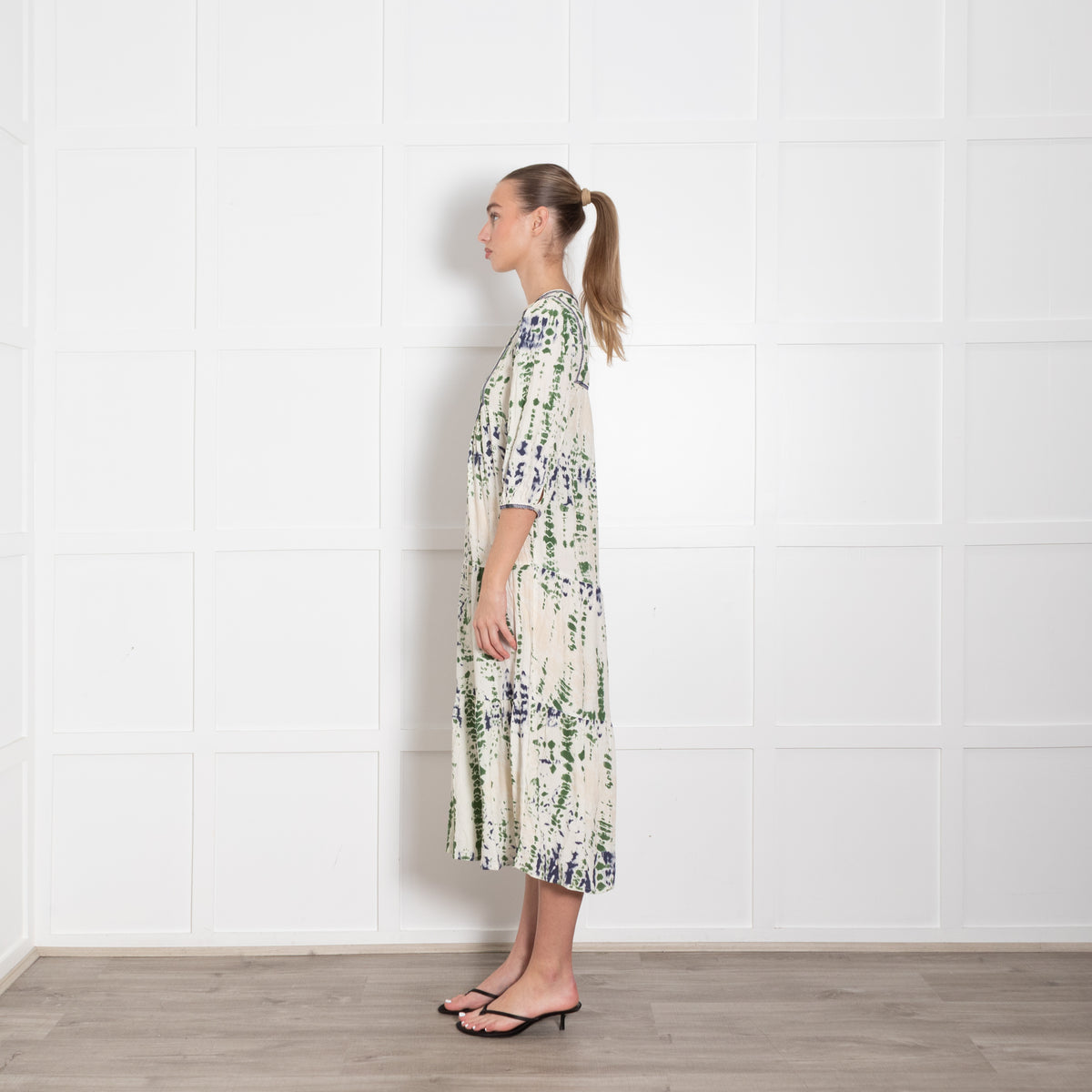 Ba & Sh Cream Green Tie Dye Tiered Midi Dress