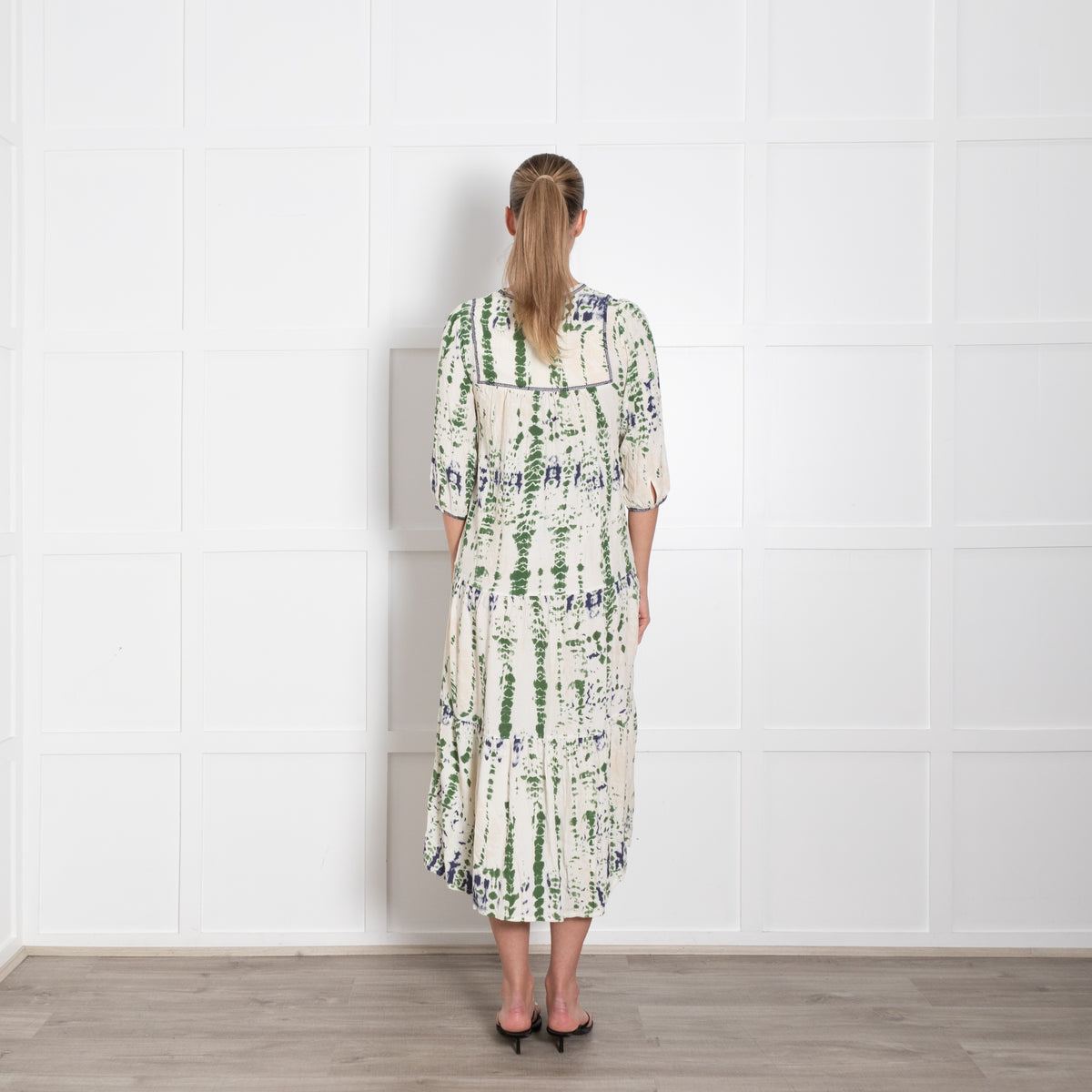 Ba & Sh Cream Green Tie Dye Tiered Midi Dress