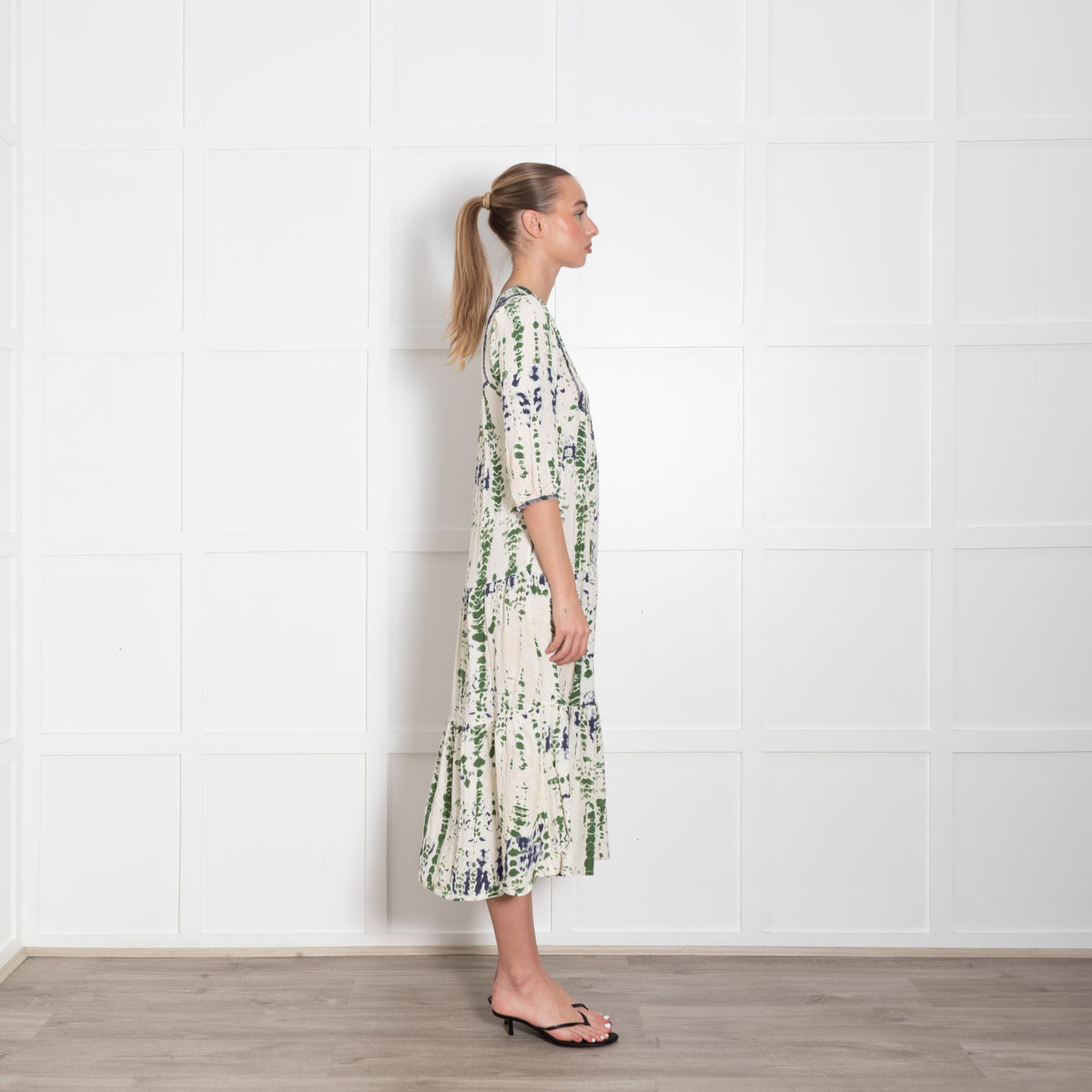 Ba & Sh Cream Green Tie Dye Tiered Midi Dress