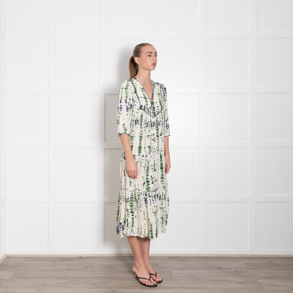 Ba & Sh Cream Green Tie Dye Tiered Midi Dress