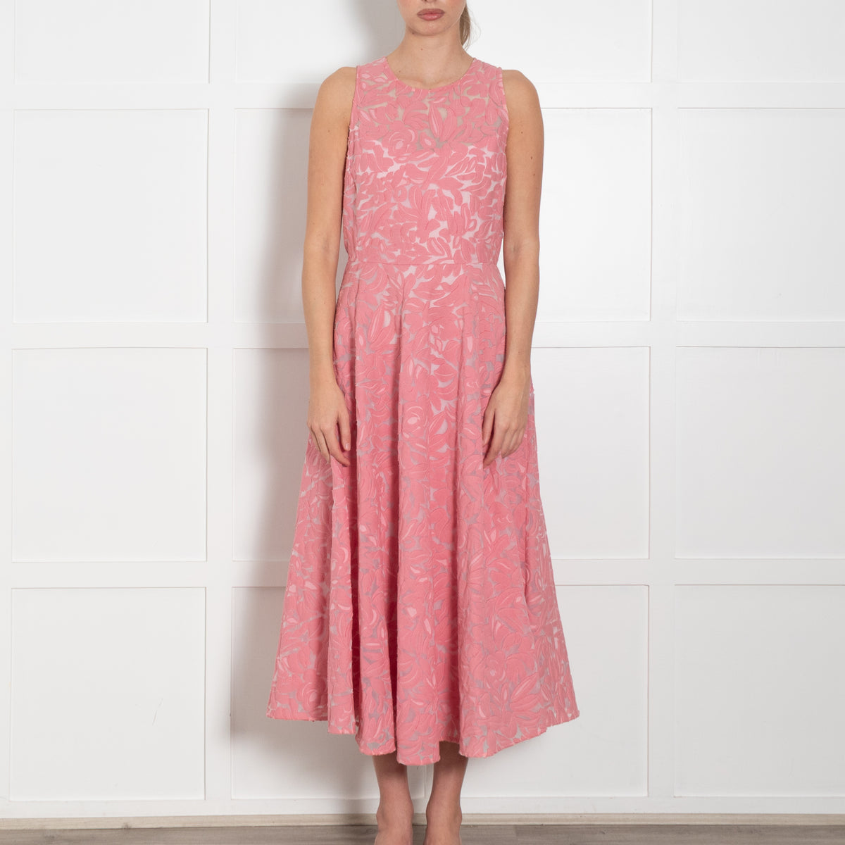 Max Mara Studio Pink Patterned Cotton Mesh Sleeveless A-Line Dress