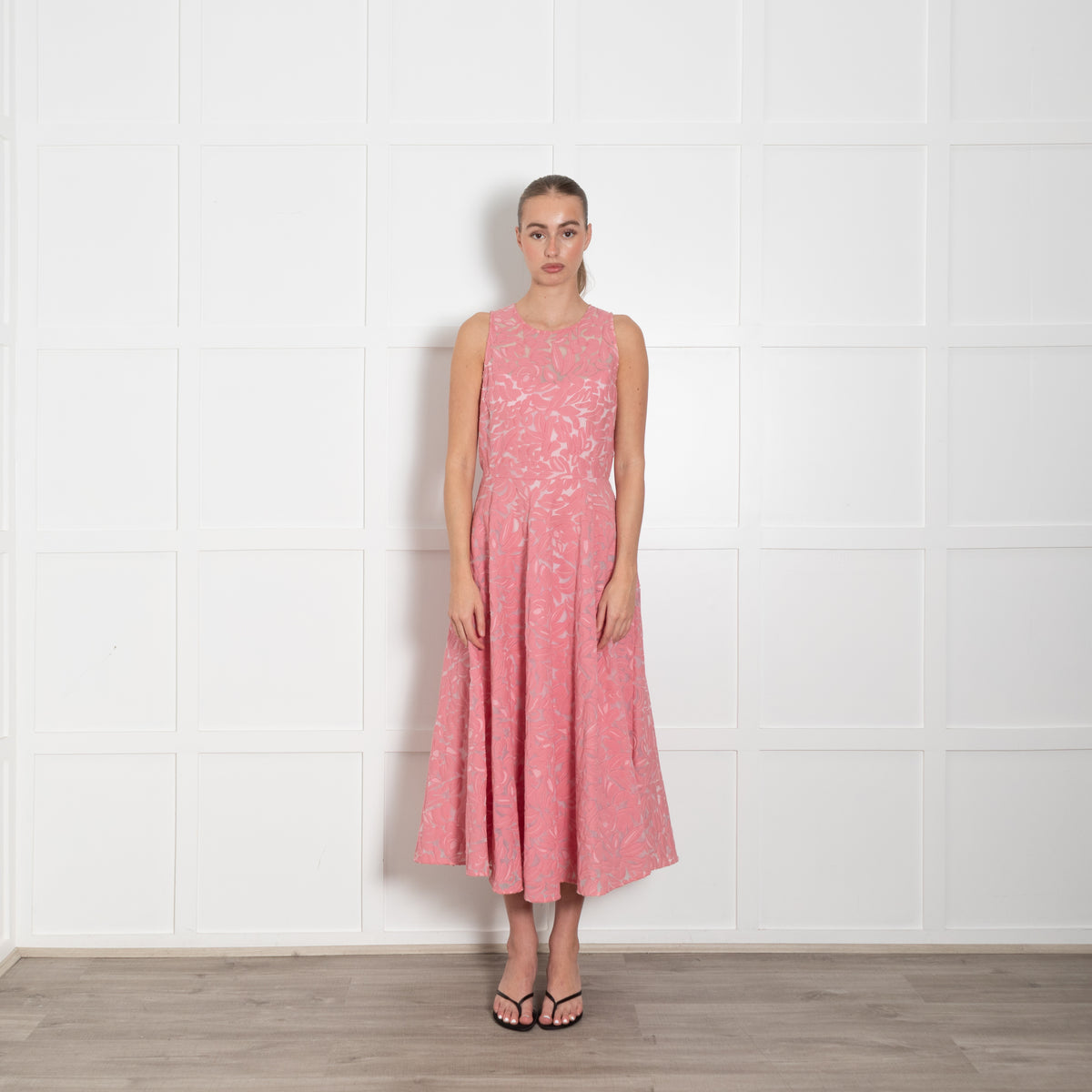Max Mara Studio Pink Patterned Cotton Mesh Sleeveless A-Line Dress