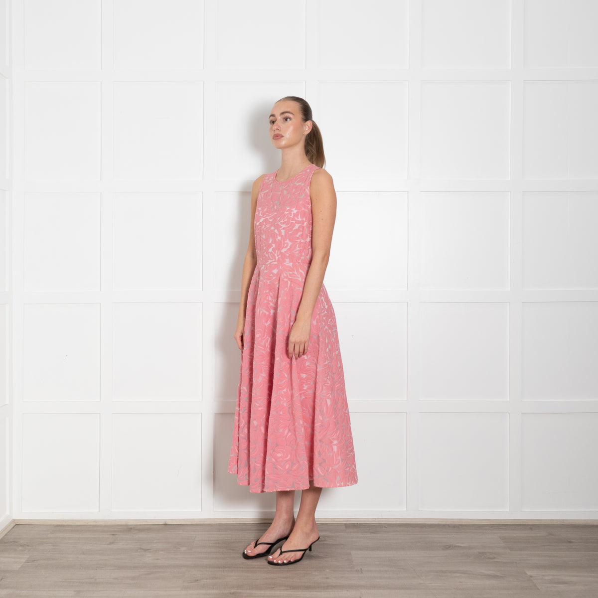 Max Mara Studio Pink Patterned Cotton Mesh Sleeveless A-Line Dress