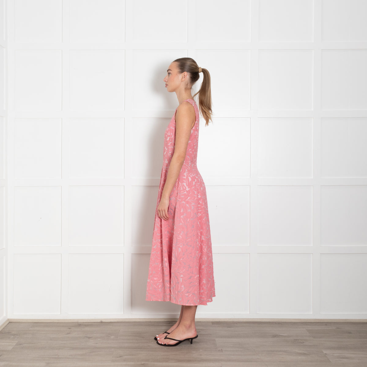 Max Mara Studio Pink Patterned Cotton Mesh Sleeveless A-Line Dress