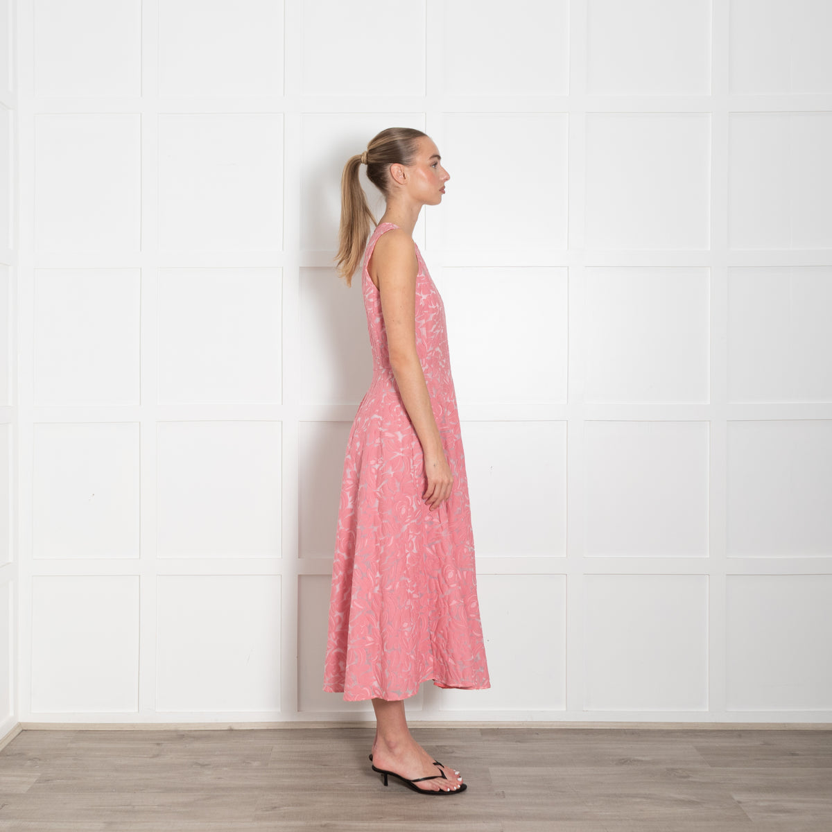 Max Mara Studio Pink Patterned Cotton Mesh Sleeveless A-Line Dress