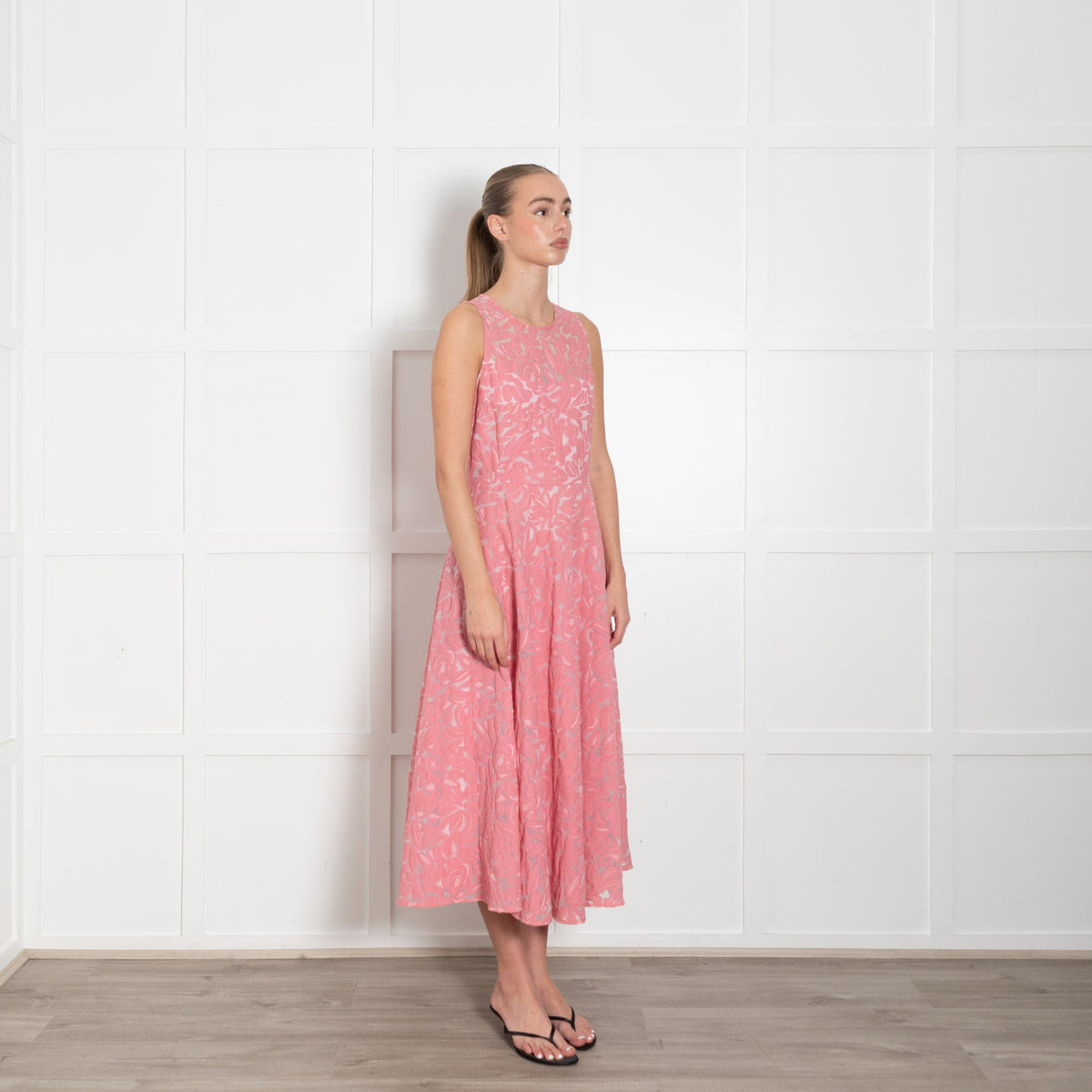 Max Mara Studio Pink Patterned Cotton Mesh Sleeveless A-Line Dress