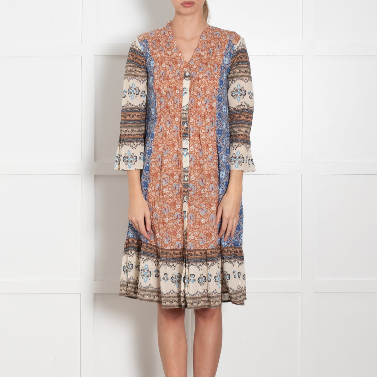 Odd Molly Blue Brown Cream Print Cotton Dress