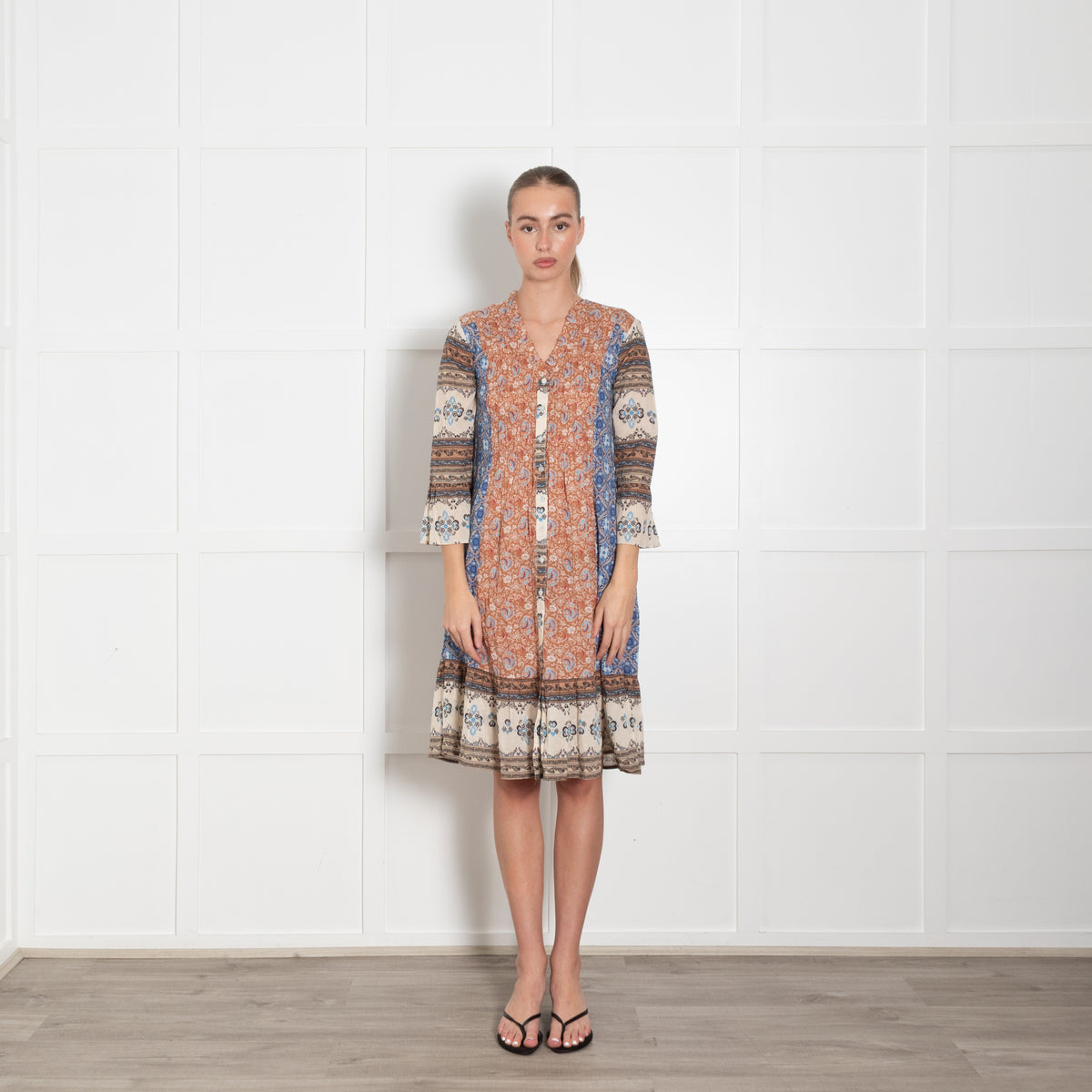 Odd Molly Blue Brown Cream Print Cotton Dress