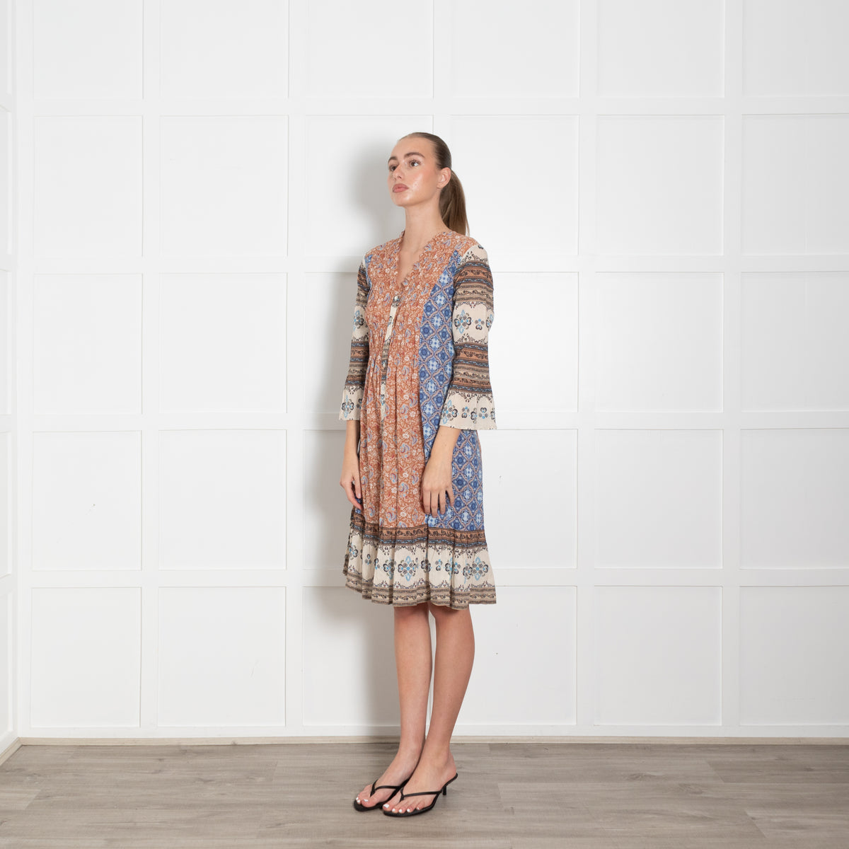 Odd Molly Blue Brown Cream Print Cotton Dress