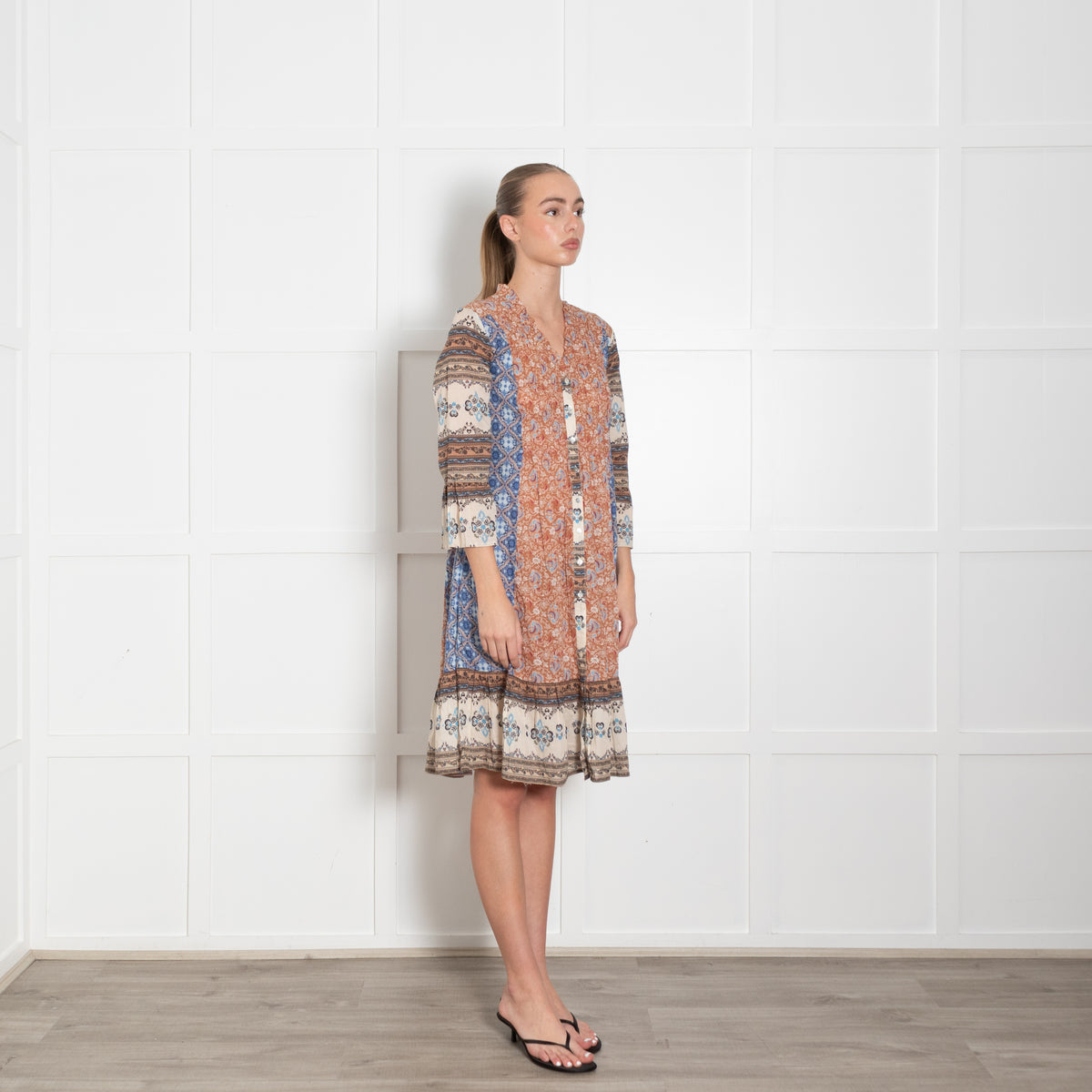 Odd Molly Blue Brown Cream Print Cotton Dress