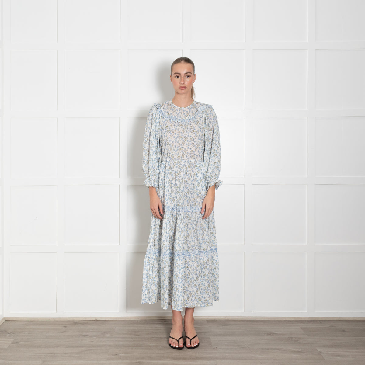 Ridley White Blue Pansy Print Cotton Sleeved Maxi Dress