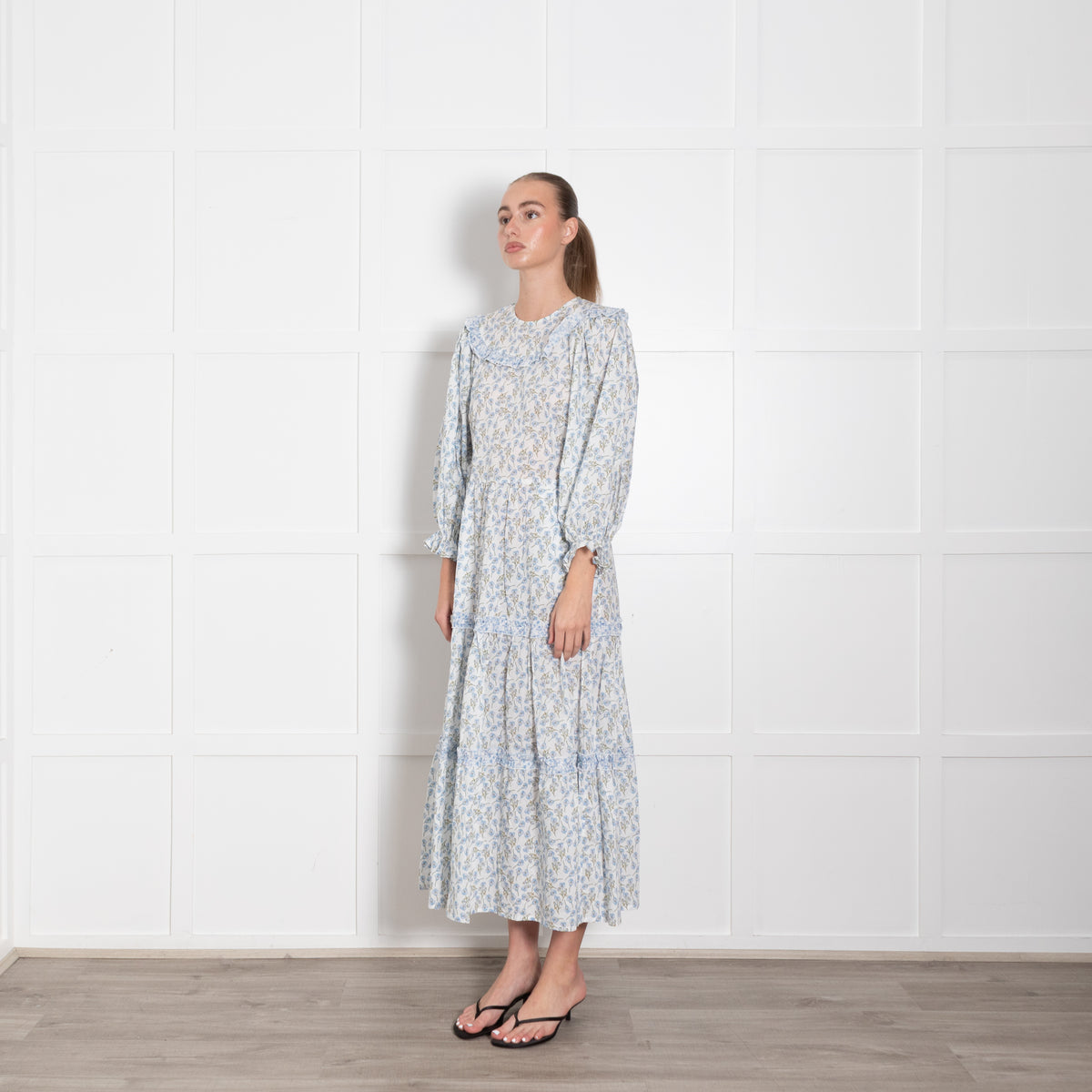 Ridley White Blue Pansy Print Cotton Sleeved Maxi Dress