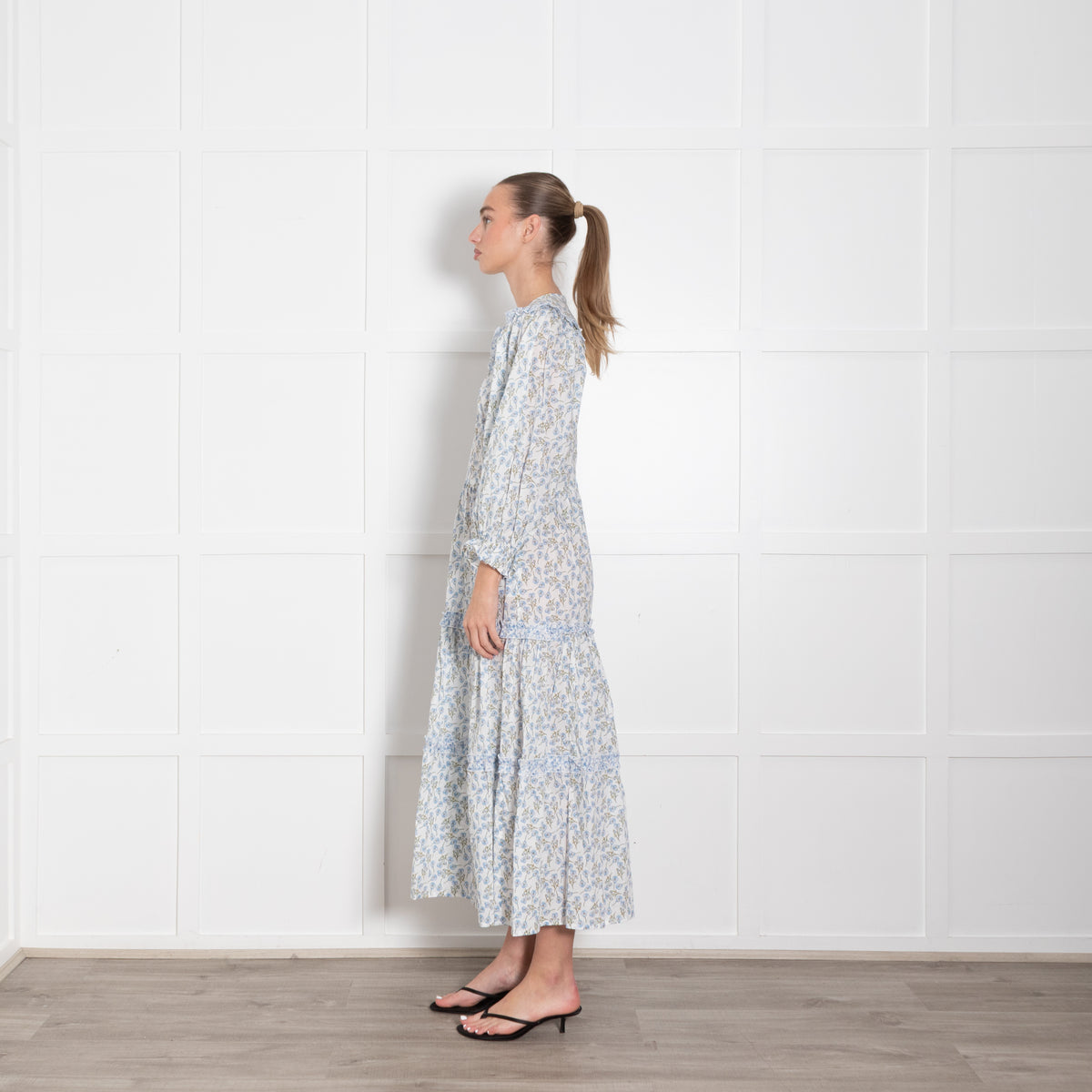 Ridley White Blue Pansy Print Cotton Sleeved Maxi Dress