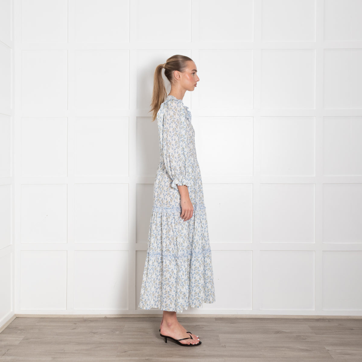 Ridley White Blue Pansy Print Cotton Sleeved Maxi Dress