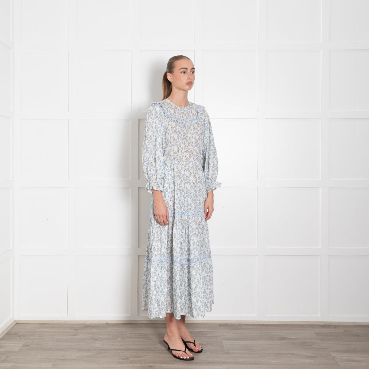 Ridley White Blue Pansy Print Cotton Sleeved Maxi Dress