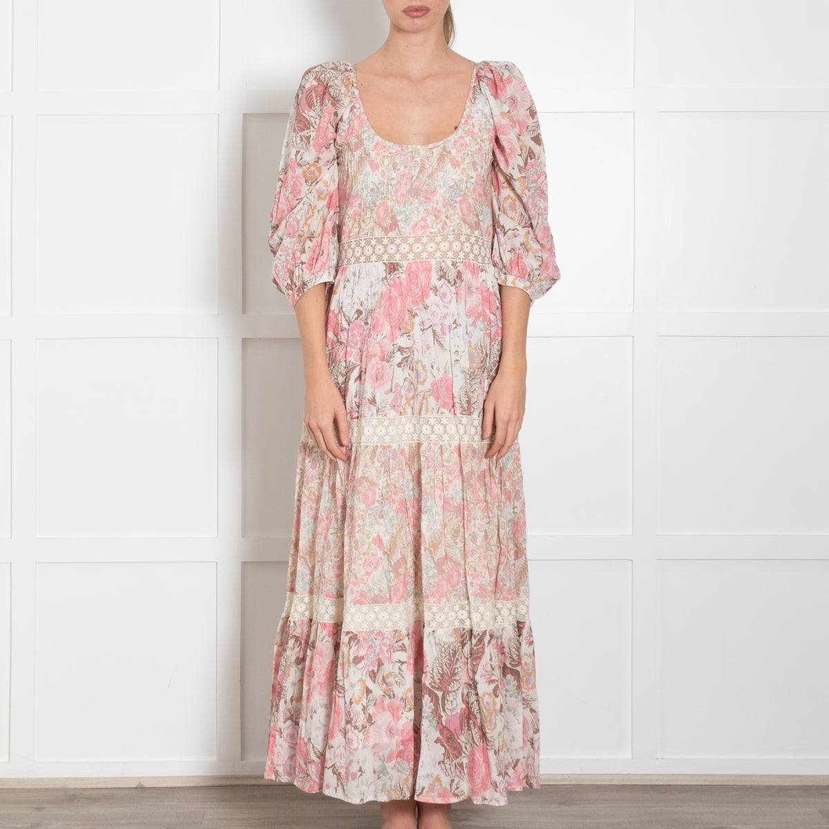 LoveShackFancy Pink Cream Brown Floral Cotton Sleeved Maxi Dress