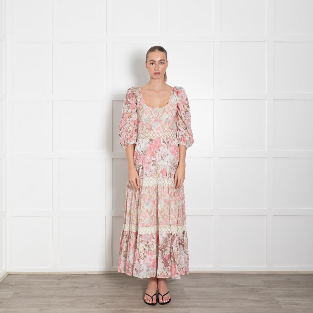 LoveShackFancy Pink Cream Brown Floral Cotton Sleeved Maxi Dress