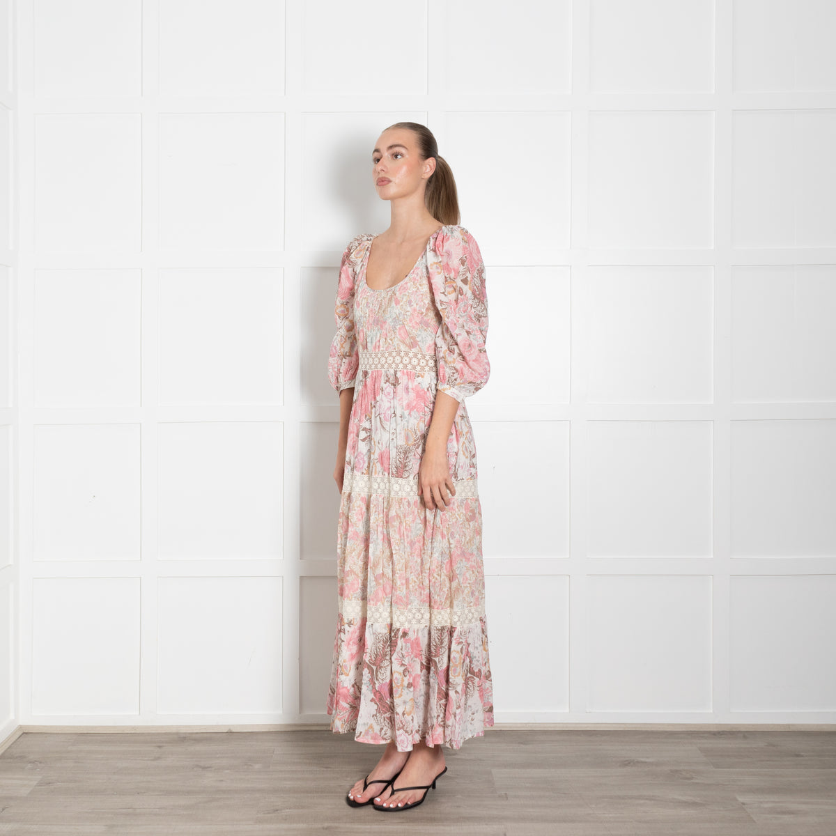LoveShackFancy Pink Cream Brown Floral Cotton Sleeved Maxi Dress
