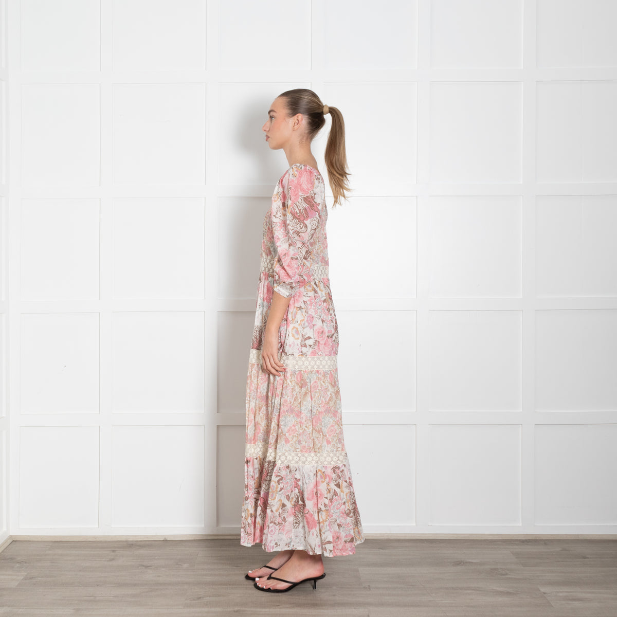 LoveShackFancy Pink Cream Brown Floral Cotton Sleeved Maxi Dress