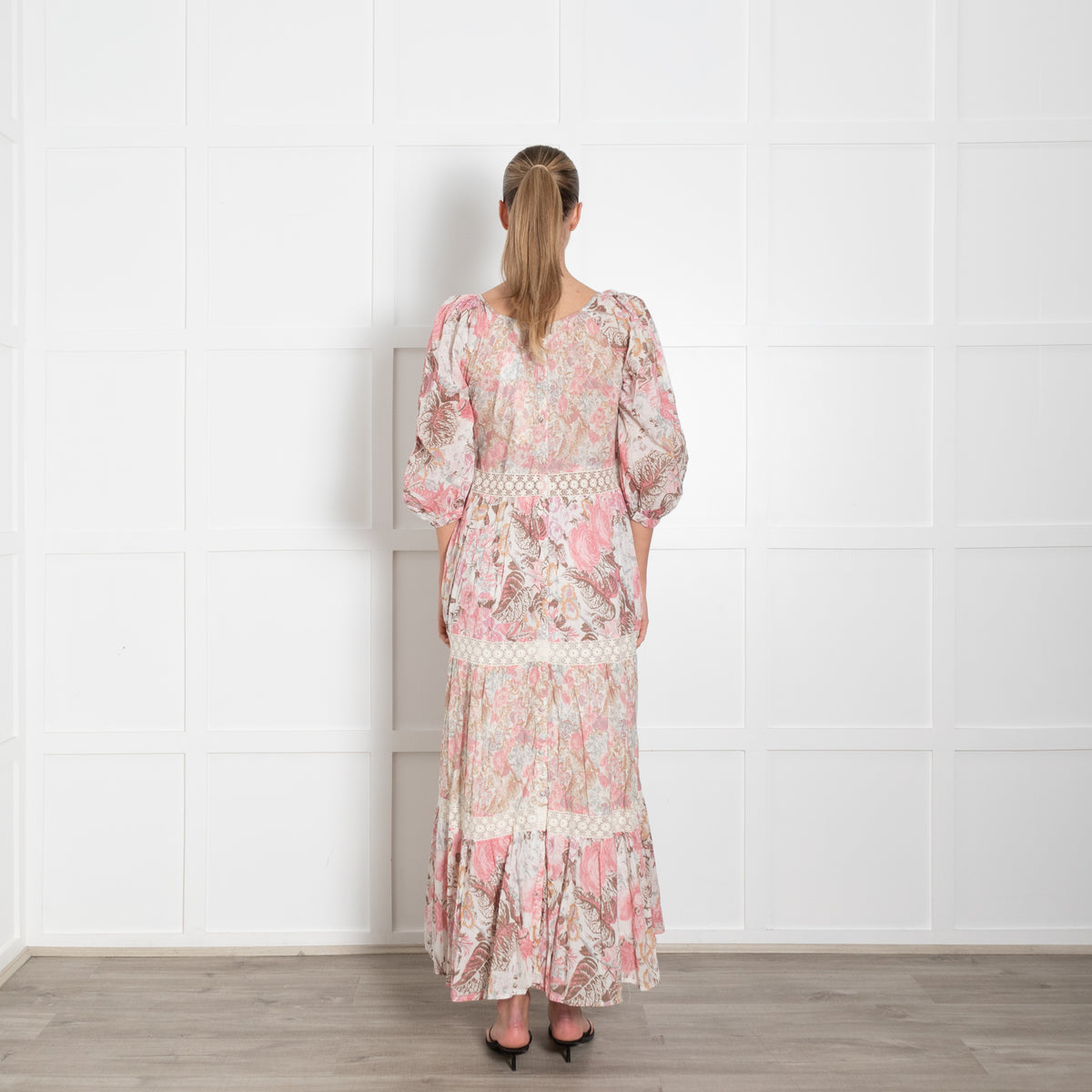 LoveShackFancy Pink Cream Brown Floral Cotton Sleeved Maxi Dress