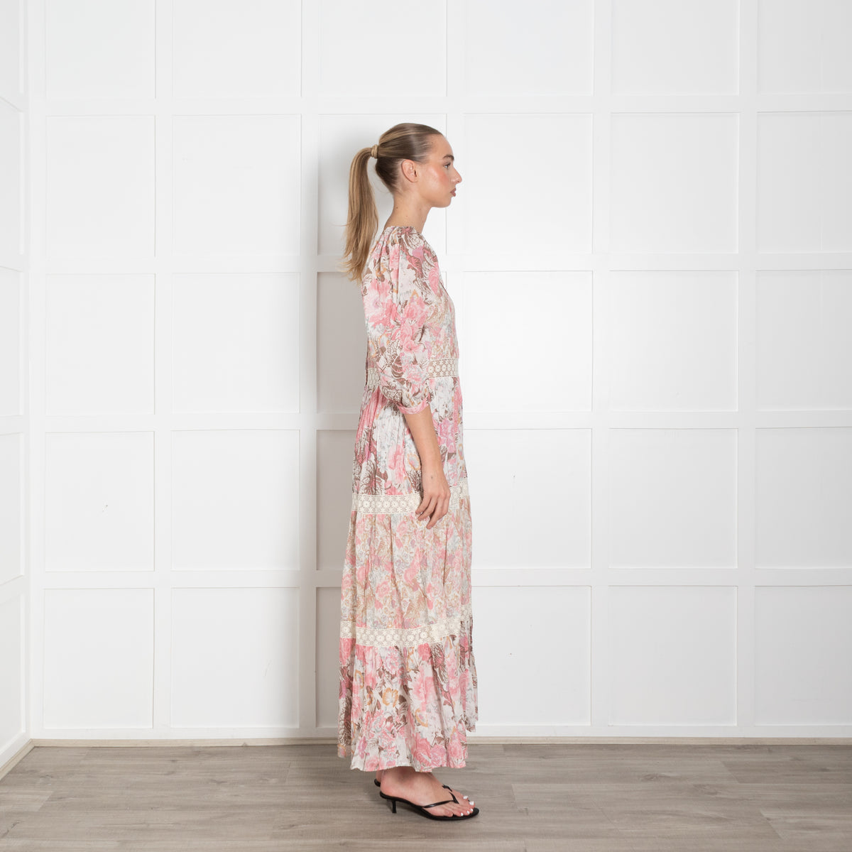 LoveShackFancy Pink Cream Brown Floral Cotton Sleeved Maxi Dress