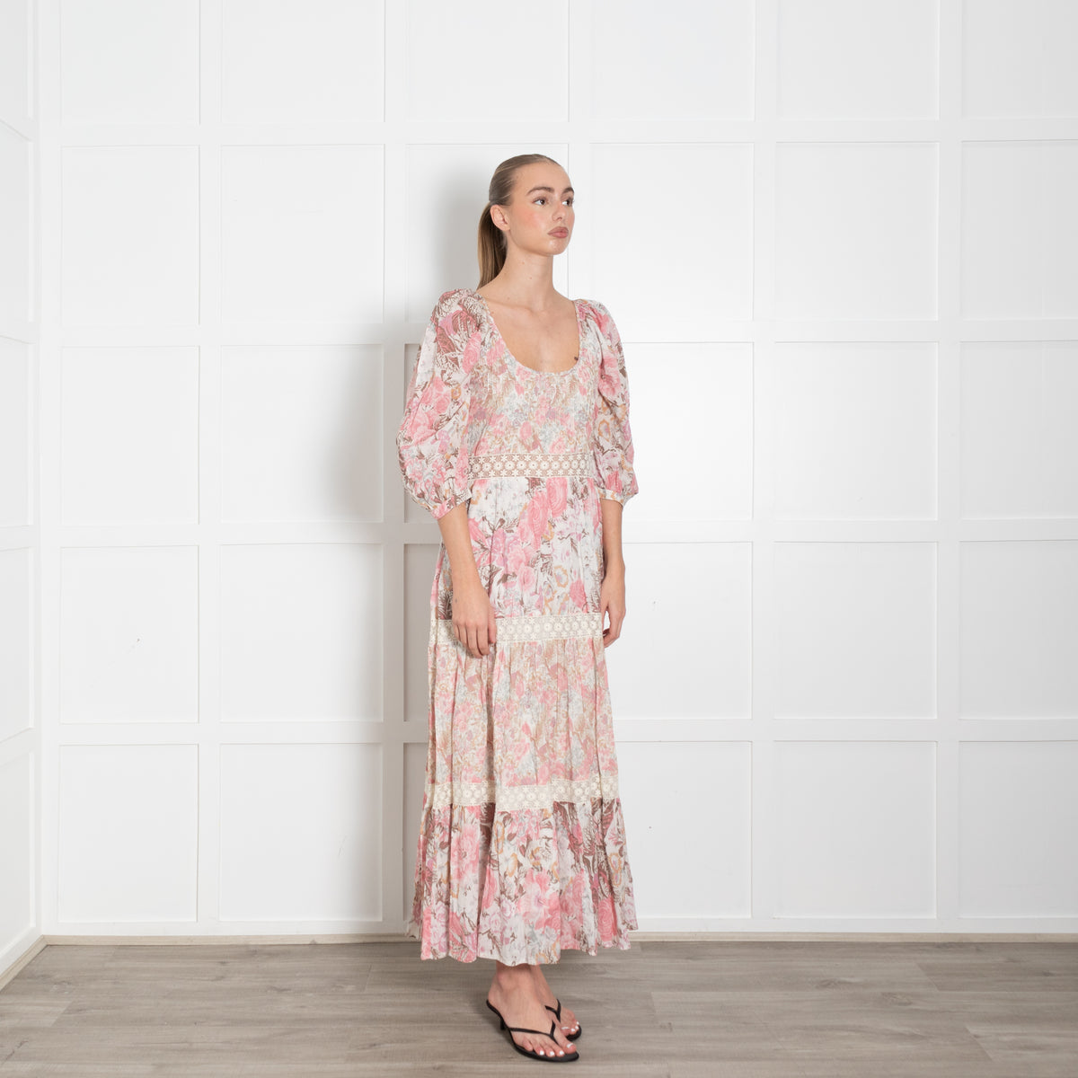 LoveShackFancy Pink Cream Brown Floral Cotton Sleeved Maxi Dress