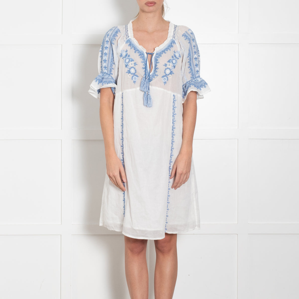 Odd Molly White Blue Embroidery Trim Cotton Dress