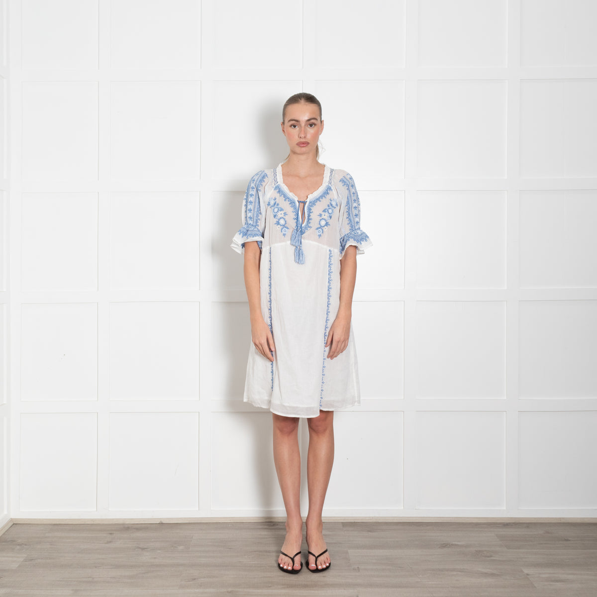 Odd Molly White Blue Embroidery Trim Cotton Dress