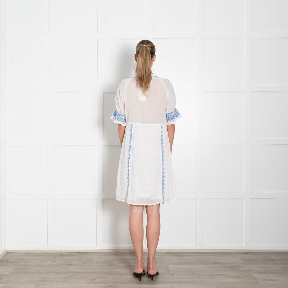 Odd Molly White Blue Embroidery Trim Cotton Dress