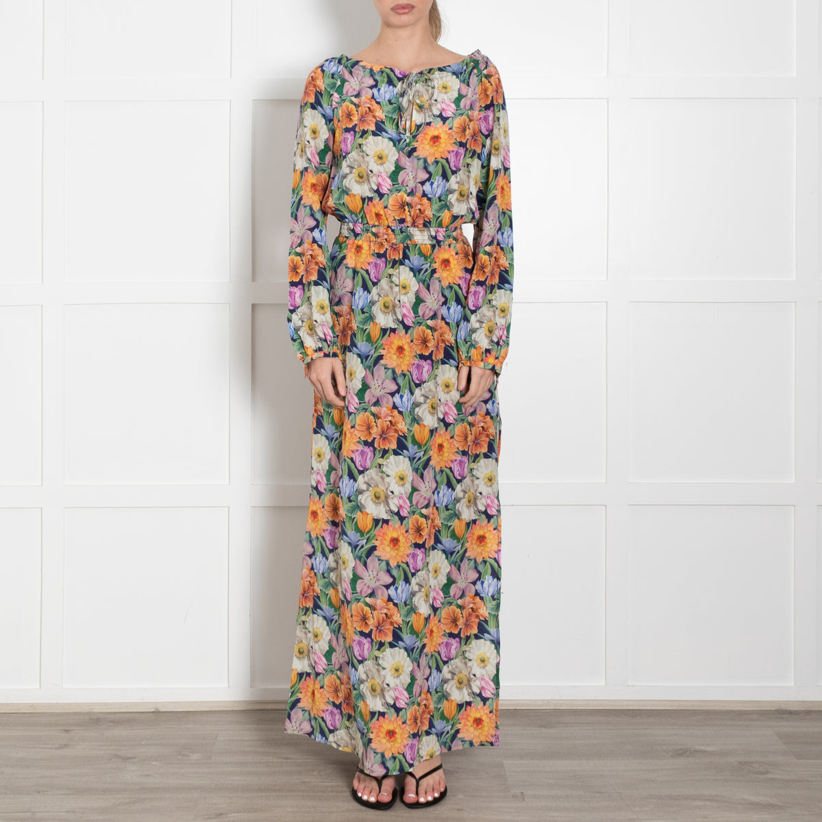 Ridley Blue Orange Pink Multi Flower Print Silk Maxi Dress