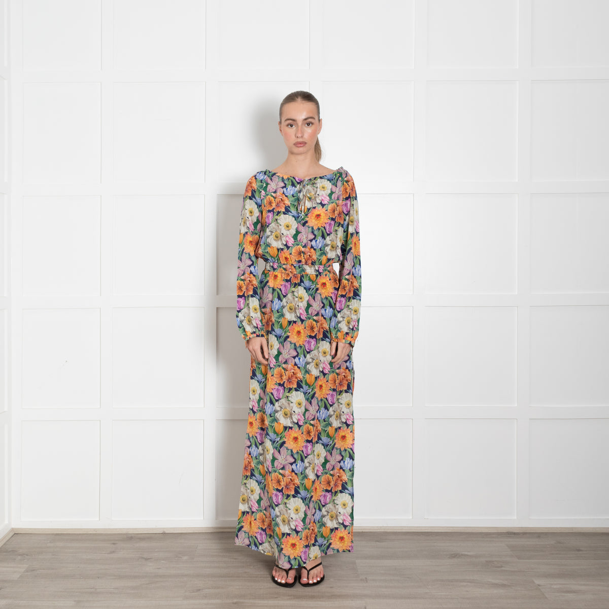 Ridley Blue Orange Pink Multi Flower Print Silk Maxi Dress
