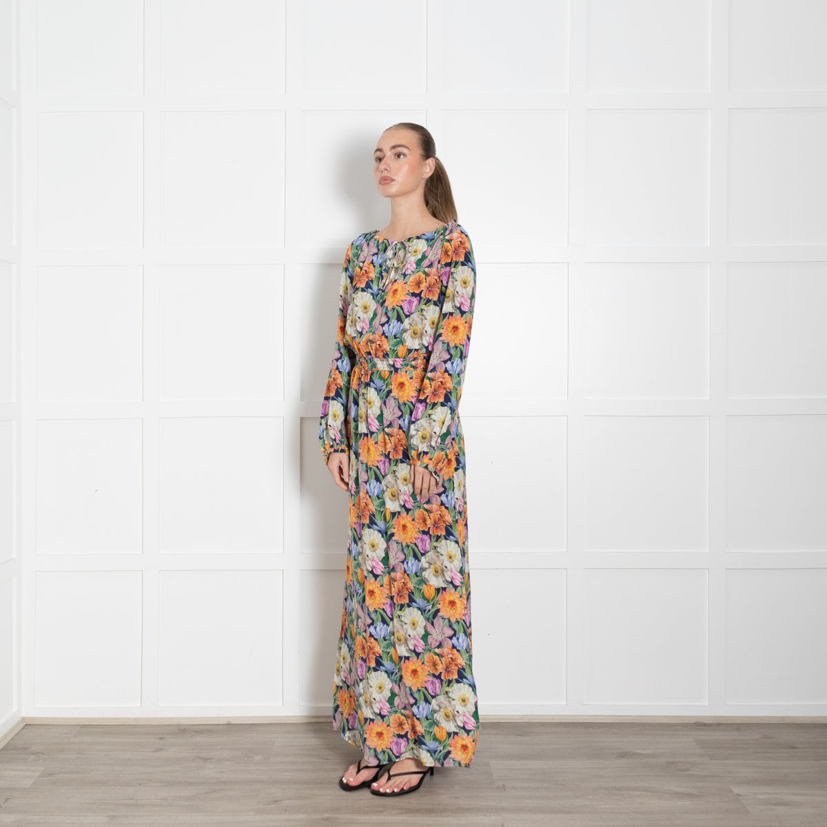 Ridley Blue Orange Pink Multi Flower Print Silk Maxi Dress