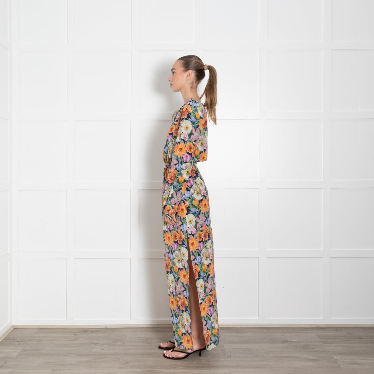 Ridley Blue Orange Pink Multi Flower Print Silk Maxi Dress