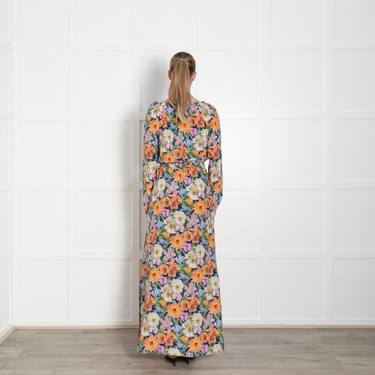 Ridley Blue Orange Pink Multi Flower Print Silk Maxi Dress