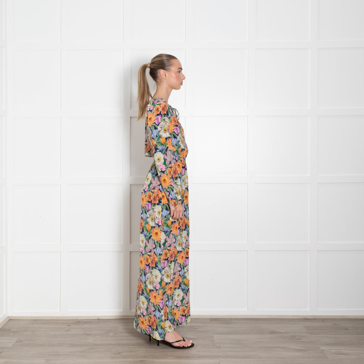 Ridley Blue Orange Pink Multi Flower Print Silk Maxi Dress